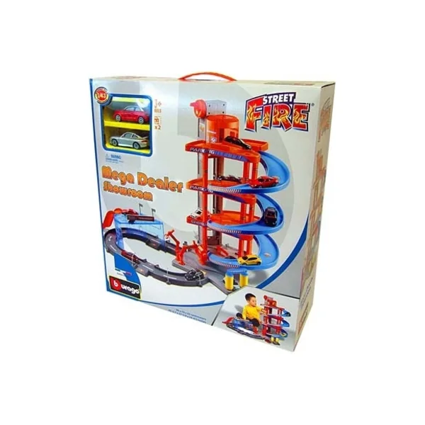 Bburago PLAY 1:43 Street Fire Mega Dealer Showroom garage avec deux petites voitures