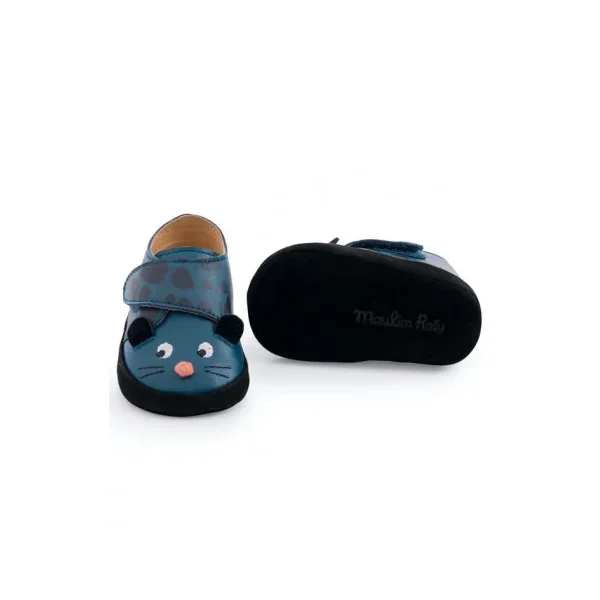 Chaussons cuir panthère bleu Dans la jungle 6/12 m - Moulin Roty