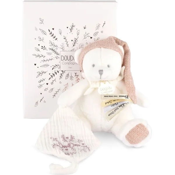 Doudou Coffret Cadeau Ours en Peluche avec Attache-tétine et Couverture Rose 20 cm