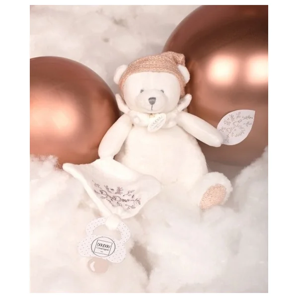 Doudou Coffret Cadeau Ours en Peluche avec Attache-tétine et Couverture Rose 20 cm