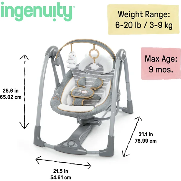 INGENUITY Balancelle convertible de voyage avec mélodie Bella Teddy™ 0m+ jusqu'à 9kg