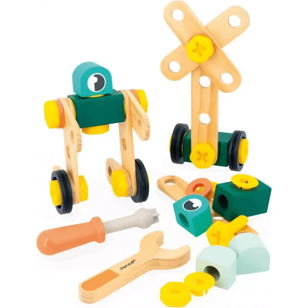 Janod BricoKids Ensemble de construction en bois avec modèles et outils 50 pcs