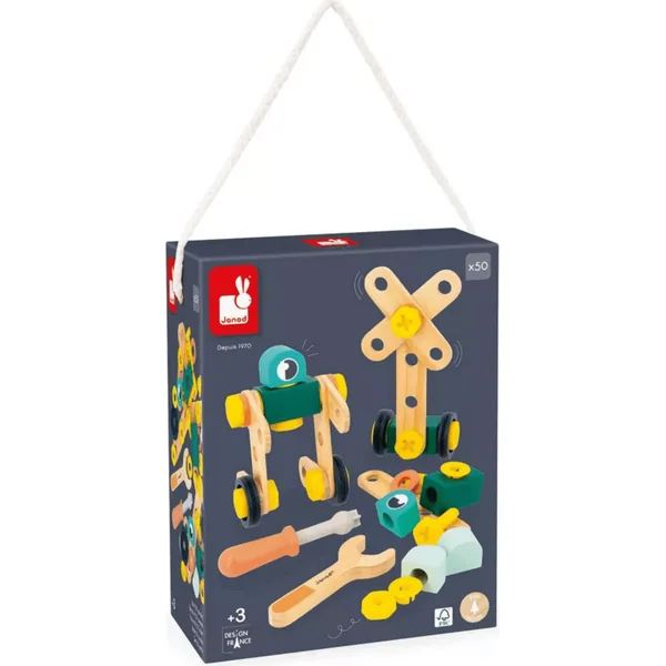 Janod BricoKids Ensemble de construction en bois avec modèles et outils 50 pcs