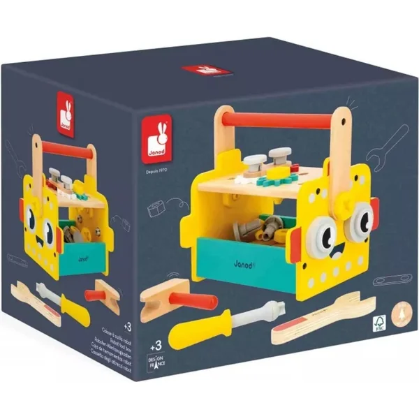 Janod BricoKids Outils en bois et kit de construction dans une boîte portable Robot 30 pcs