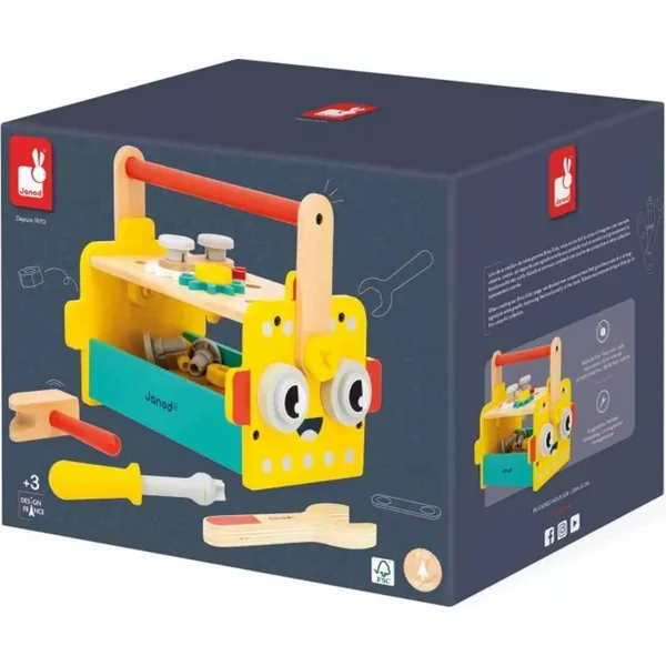 Janod BricoKids Outils en bois et kit de construction dans une boîte portable Robot 30 pcs