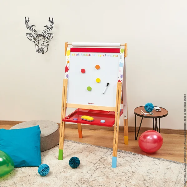Janod Tableau magnétique en bois Splash double face et réglable avec 13 accessoires
