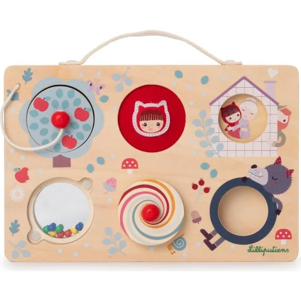 Lilliputiens - panneau d'activités en bois - aventure du Petit Chaperon Rouge et du loup Ludovic