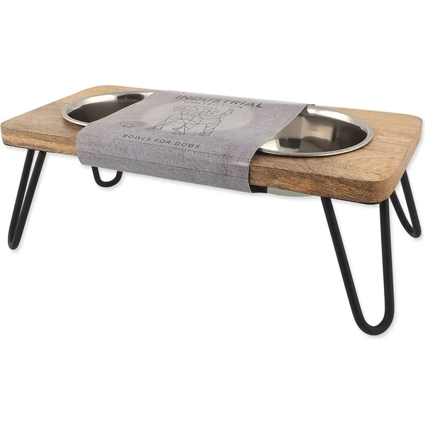 Misky Dog Fantasy en acier inoxydable avec support en bois, pieds en fer 2x450ml