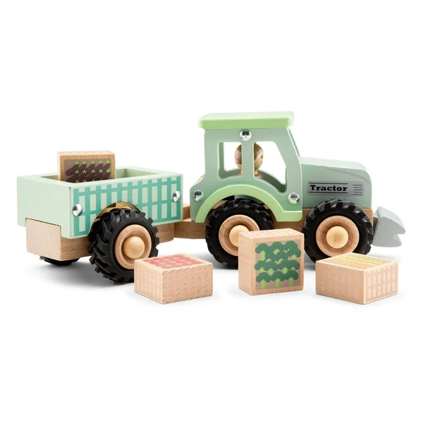 New Classic Toys - Wooden Tractor With Trailer And Vegetables - Play Vehicles