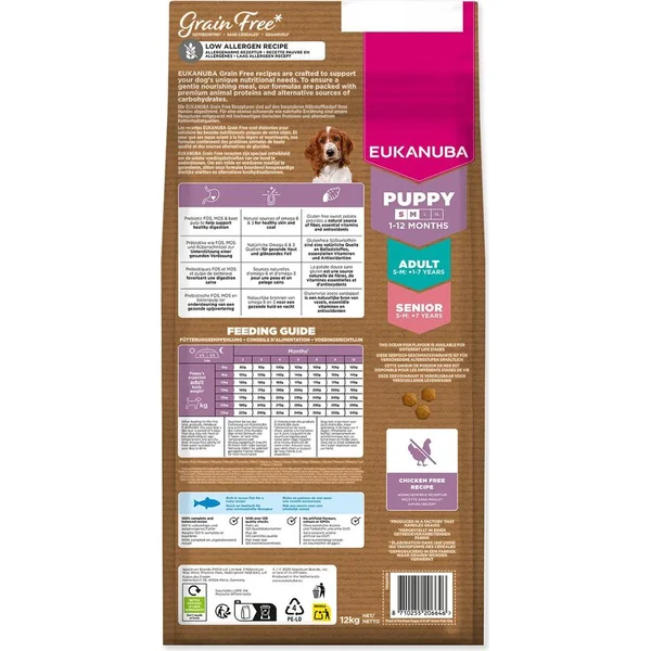 Nourriture EUKANUBA Sans Céréales Chiot Petit & Moyen riche en poisson océanique 12 kg