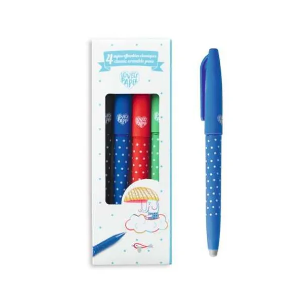 Pack 4 Stylos Roller à Encre Effaçable Djeco : Bleu, Noir, Rouge, Vert