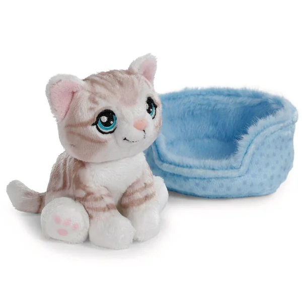 PELUCHE SOFT TOY CAT GREY TABBY 12CM IN BASKET BLUE GREEN