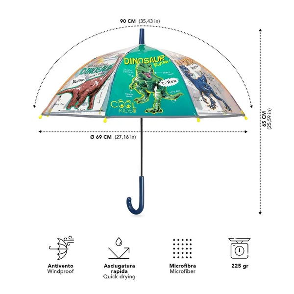 Perletti - Rain Umbrellas - Dinosaur Transparent Umbrella - 3-6 Years - Safety and Fun