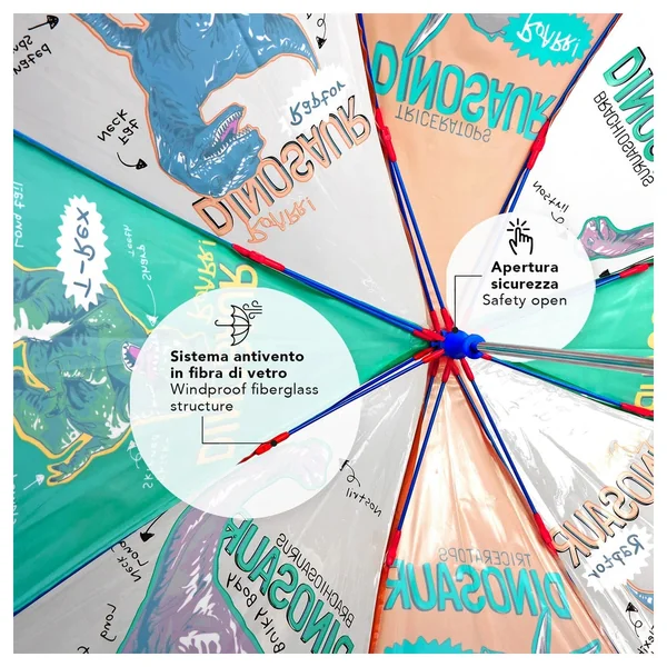 Perletti - Rain Umbrellas - Dinosaur Transparent Umbrella - 3-6 Years - Safety and Fun