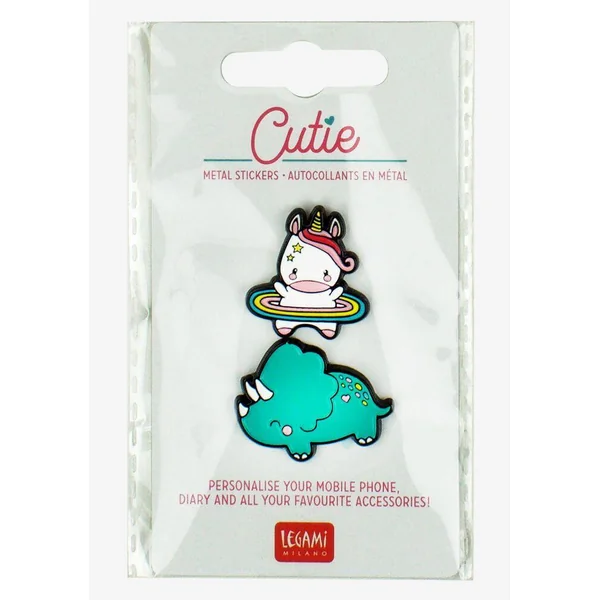 SET OF 2 METAL STICKERS - CUTIE - UNICORN + DINOSAUR