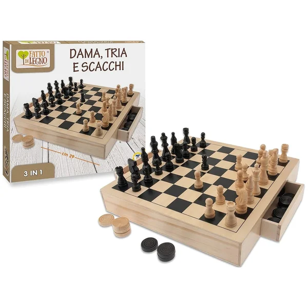 Teorema - Chess Checkers and Tria 3-in-1 Wooden Set - Board Games