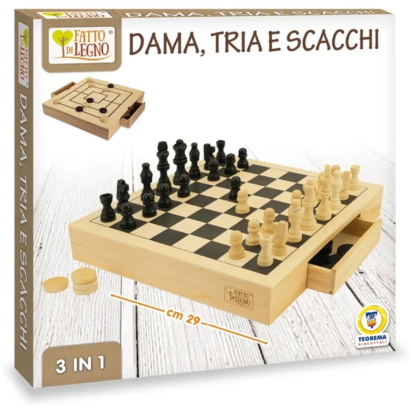 Teorema - Chess Checkers and Tria 3-in-1 Wooden Set - Board Games