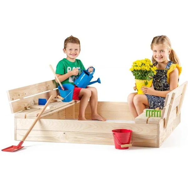 Woody Bac à sable en bois avec couvercle, avec 2 bancs, naturel